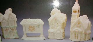 Acg Inc Set Of 4 Porcelain Silent Night Christmas Village Church Stores And Sign