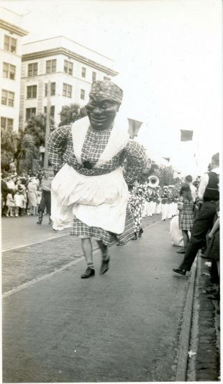 Vintage Black Americana Photo Of A Large Mammy Costume Leading The Parade