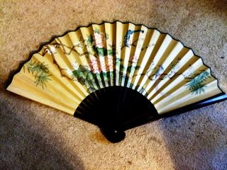 Large Oriental Vintage Hand Painted Chinese Fan Decorative Wall Hanging Art 40 "