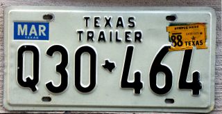 Black On White Texas Trailer License Plate With A 1988 Sticker