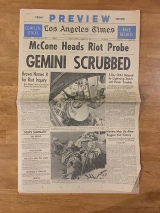 August 20 1965 La Times Newspaper - Gemini Space Shuttle Scrubbed,  Riot Probe