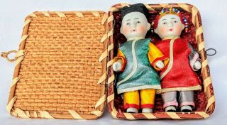 Vintage Art Deco Porcelain Pair Japanese Miniature Dolls - In Basket