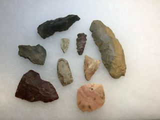 Authentic Group Of 9 Flint Tools Points Arrowheads Nw Kentucky Indian Artifact