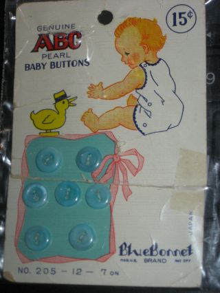 Vintage 7 Blue Abc Pearl Baby Buttons On Card Bluebonnet 2 - Hole Japan