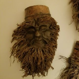Set Of 3 - Chinese Bamboo Root Face Carving Beard Man Mask Wall Hanging