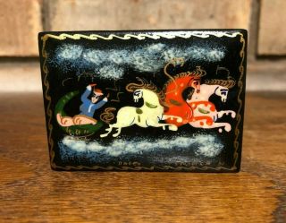 Antique Old Hand Painted Russian Lacquer Wood Box Horse Sleigh Winter Scene Ussr