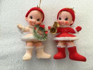 2 Vintage 60s Flocked Plastic Children Christmas Ornaments Bottle Brush Bells