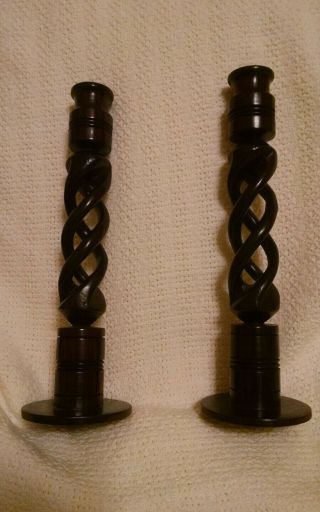 African 10 " Candlesticks Pair Hand Carved Wooden