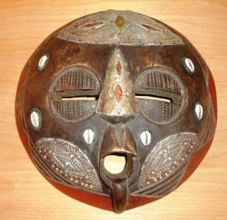Vintage Hand Crafted Wood,  Metal & Shells Ghana Tribal African Mask,  Cool Item.