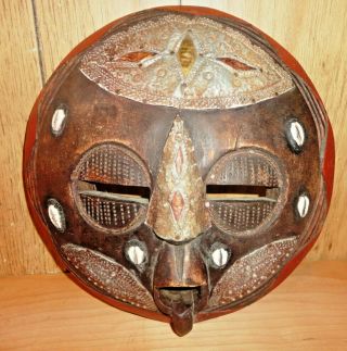 Vintage Hand Crafted Wood,  Metal & Shells Ghana Tribal African Mask,  Cool Item. 3