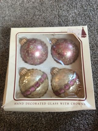 4 Vintage Christmas By Krebs Glass Globe Ornaments With Gold Glitter & Braid
