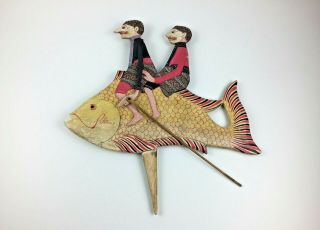 Vtg Wayang Kulit Wood Puppet Two Men Riding A Koi Carp Fish Hand Carved Painted