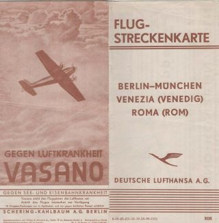 Deutsche Lufthansa A.  G.  Route Map Berlin To Munich,  Venice & Rome About 1930