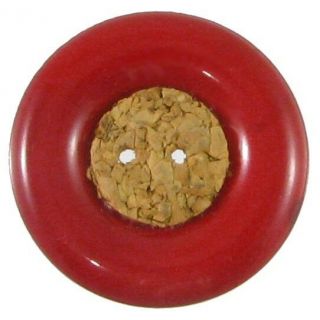 Vintage Red Celluloid Button W/ Cork Center,  Sew Through