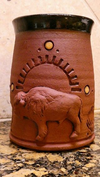 Native American Pottery Red Clay Coffee Mug Buffalo Indian Sun Raised Signed