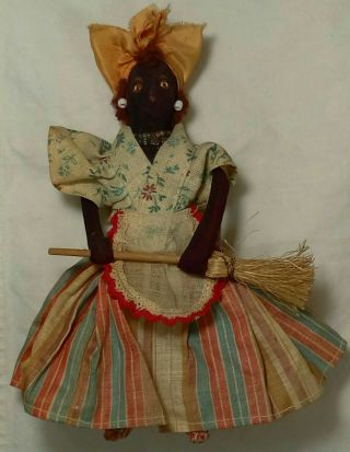 Vintage 6.  5 " Black Americana Wire Cloth Painted Face Doll Broom Beads Dollhouse