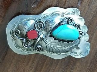 Vintage Native American Turquoise & Coral Belt Buckle - Foot Shaped
