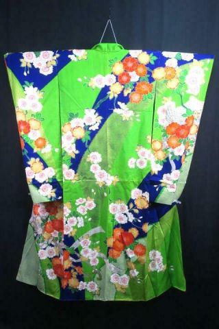 11v16328 Silk Vintage Tall Wide Japanese Kimono Furisode Dress Flower