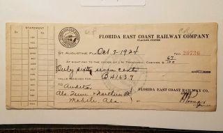 1924 Florida East Coast Railway Company Canceled Check St.  Augustine Fla.  Crisp
