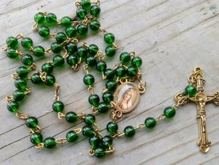 Vtg Green Enamel Glass Bead Rosary Our Lady Of Fatima Rome Italy