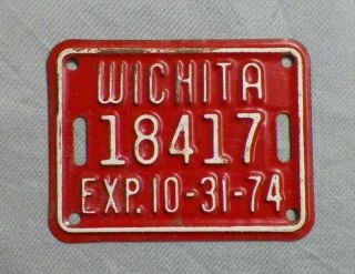 Old Vintage Red 1974 Wichita Kansas Bicycle License Plate Id Bike Tag 18417