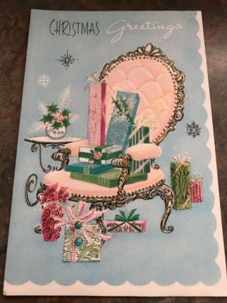 Fancy Pink Parlor Chair Aqua Gift Gold Embossed Christmas Vtg Card