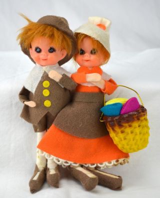 Vintage Lee Wards Thanksgiving Pilgrim Felt Japan Dolls With Rare Basket Harvest