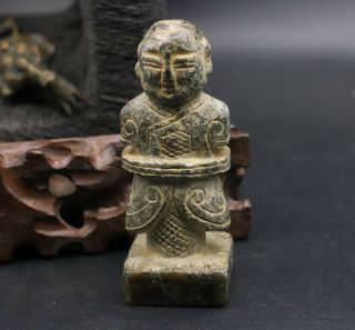 Chinese Antique Jade 2 Face Lucky Boy On A Seal W Stamp Totem Amulet Carving