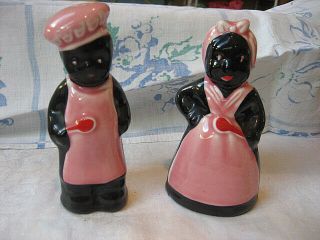 Vintage Black Americana Aunt Jemima - Chef Salt Pepper Shakers - Pink Clothing Htf