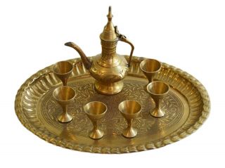 Vintage Islamic Arabic Middle East Brass Tea Set 8 Decanter Glass Tray 1970 - S