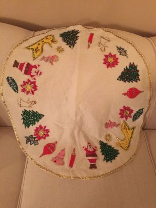 Vintage Hand Made White Felt Sequin Christmas Santa Claus Round Table Cloth