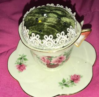 Homemade Formalities By Baum Bros.  Roses Cup And Attached Saucer Pin Cushion