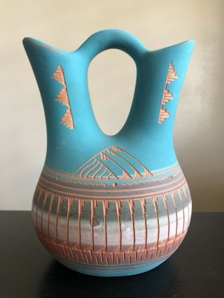 Vtg Signed Bale Navajo Native American Indian Carved Wedding Vase Pottery Art Nr