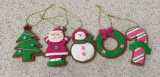Set Of 5 Christmas Cookie Look Ornaments Candy Cane Snowman Wreath Tree Santa