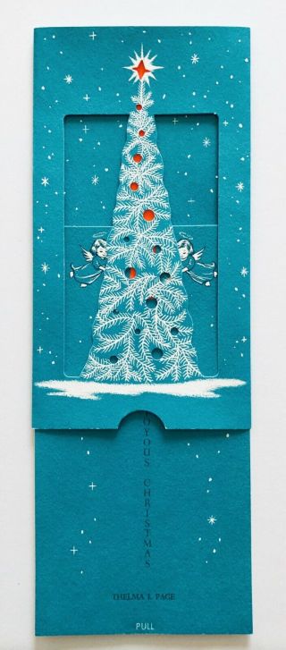 Rare Vintage Christmas Card Mid Century Mcm Angel Girl Slide Tree Snow Star Pull