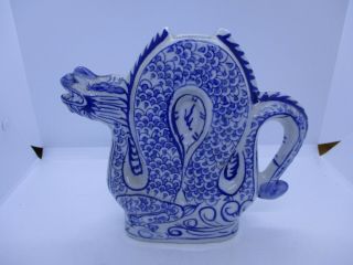Vtg Porcelain Asian Blue & White Chinese Dragon Tea Pot Pitcher