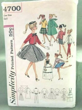 Simplicity Pattern 4700 For Barbie 11 1/2 " Doll Vintage 1960s Weekend Wardrobe