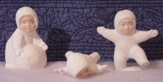 3 Vintage Mini Snow Babies Christmas Ornaments Figurines Village Scene