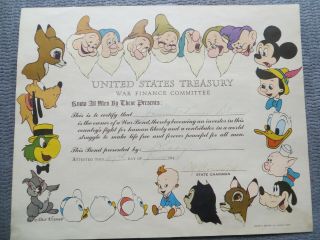 1945 Ww2 Us Treasury War Bond Certificate With Disney Characters