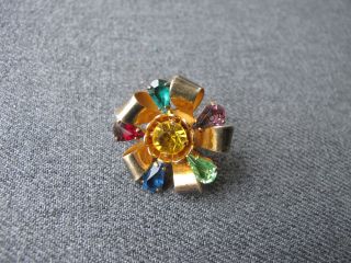 Vintage Color Crystals Filigree Gilt Sterling Silver Flower Button Marked