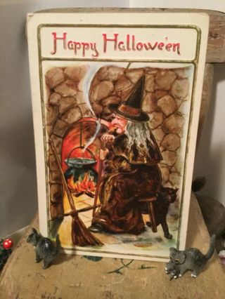 1910 Old Halloween Spooky Witch Broom Kettle Black Cat Postcard Embossed Gold