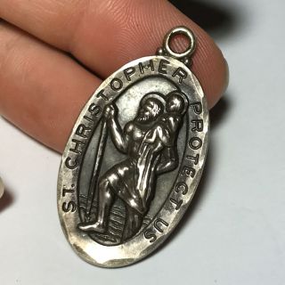 Vtg Sterling Silver 925 St.  Christopher Protect Us Necklace Charm Pendant