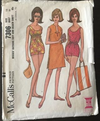 Vintage Mccalls 1964 Sewing Pattern 7306 Misses Bathing Suit & Beach Shift Sz12