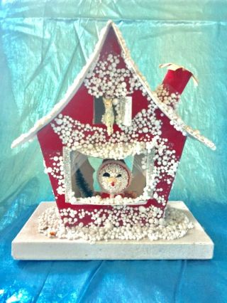 Vintage Large 9” Christmas Putz House With Reindeer In Attic Snow Covered Japan