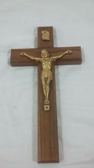 Antique Walnut Crucifix Brass Jesus Corpus Christi Inri