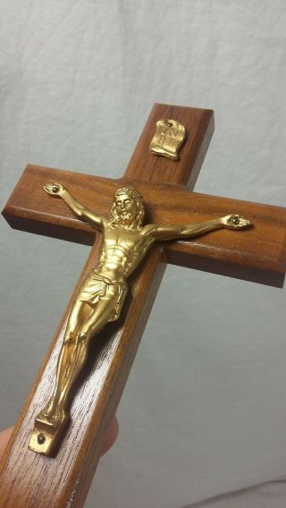 Antique Walnut Crucifix Brass Jesus Corpus Christi Inri 3