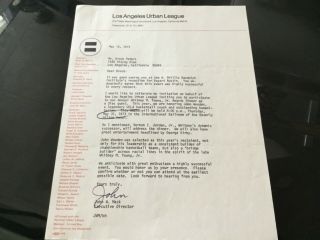 L.  A.  Urban League 1973 Signed Letter To Actor Brock Peters Regarding John Wooden