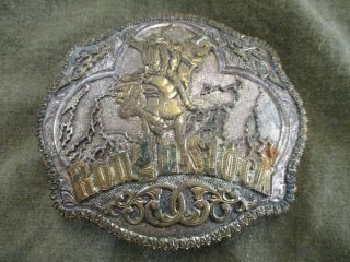 Vintage Western Belt Buckle " Rough Stock " Bull Riding By Crumrine Hand Engraved