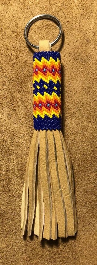 Bright Native American Lakota Sioux Beaded Leather Keychain