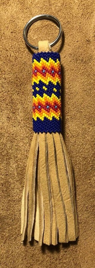 Bright Native American Lakota Sioux Beaded Leather Keychain 2